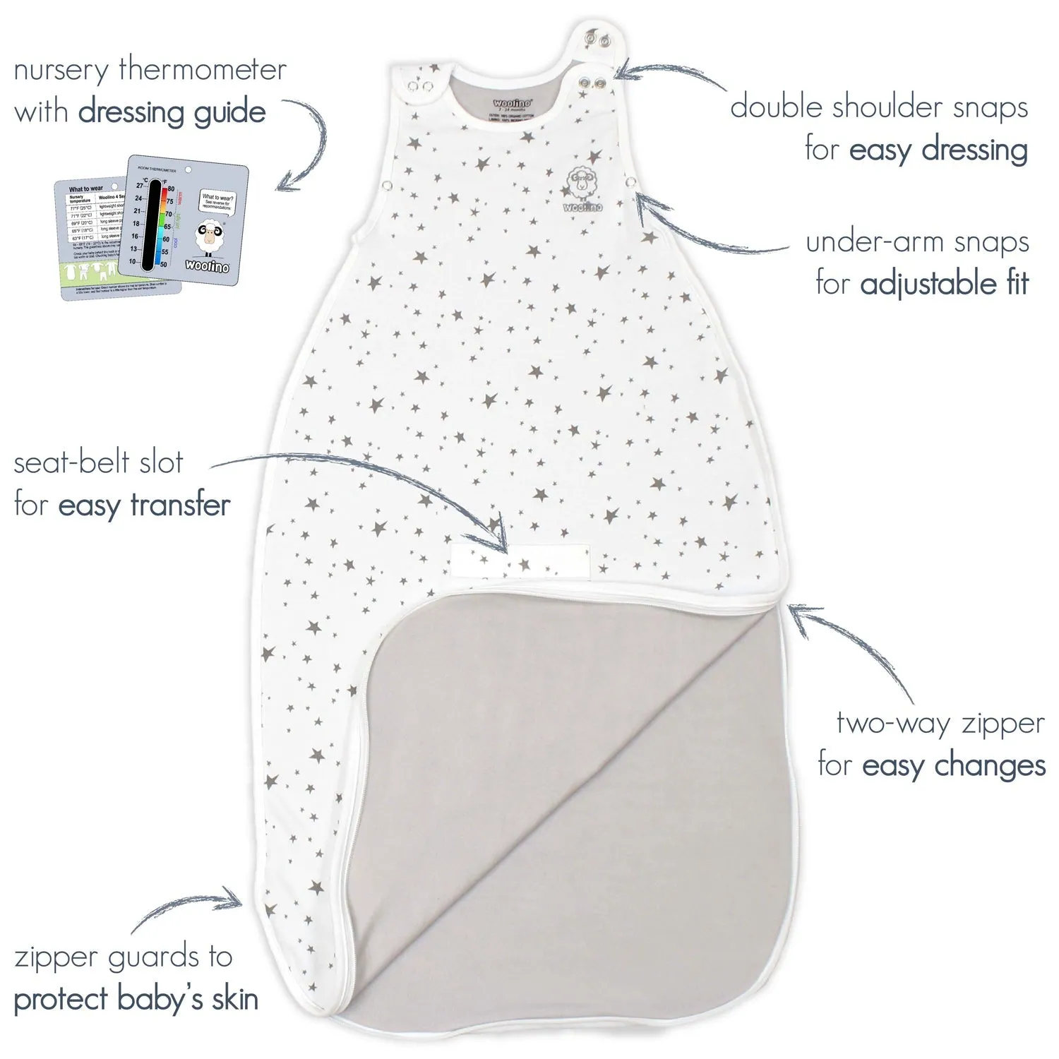 4 Season® Ultimate Baby Sleep Bag, Merino Wool & Organic Cotton, 2 Months - 2 Years, Star Gray