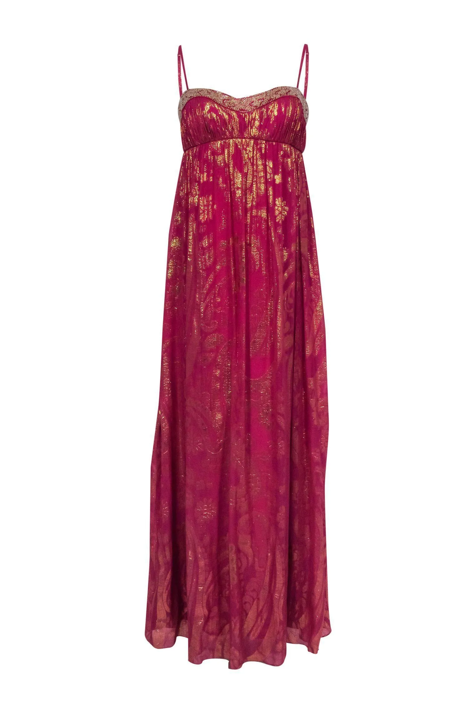 Aidan Mattox - Hot Pink Metallic Gold Beaded Maxi Dress Sz 10