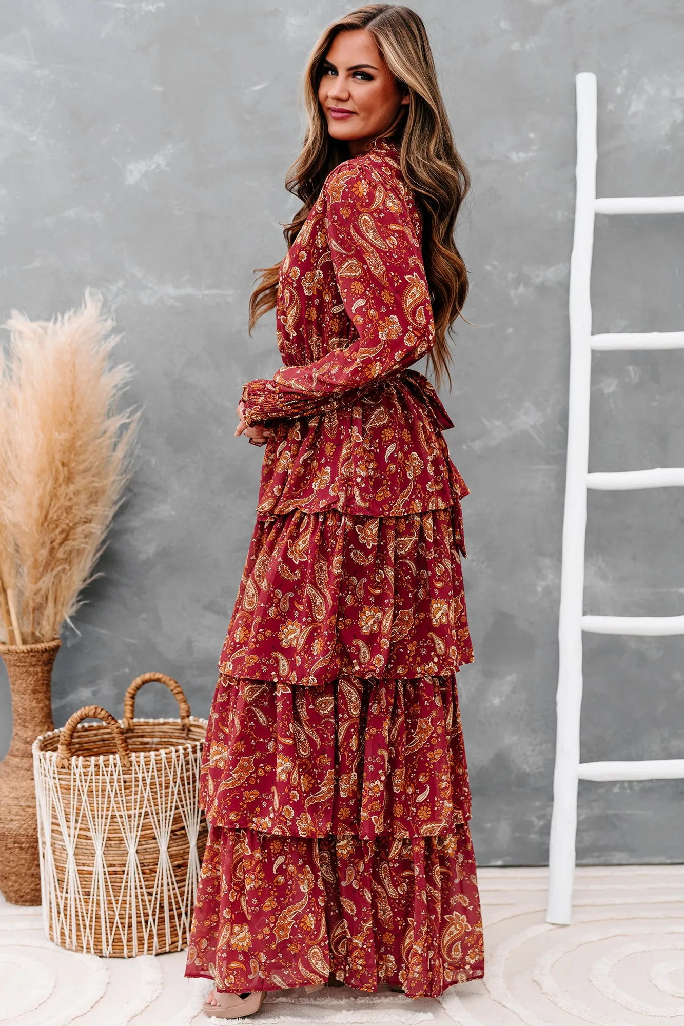 Always Memorable Tiered Printed Maxi Dress (Burgundy)