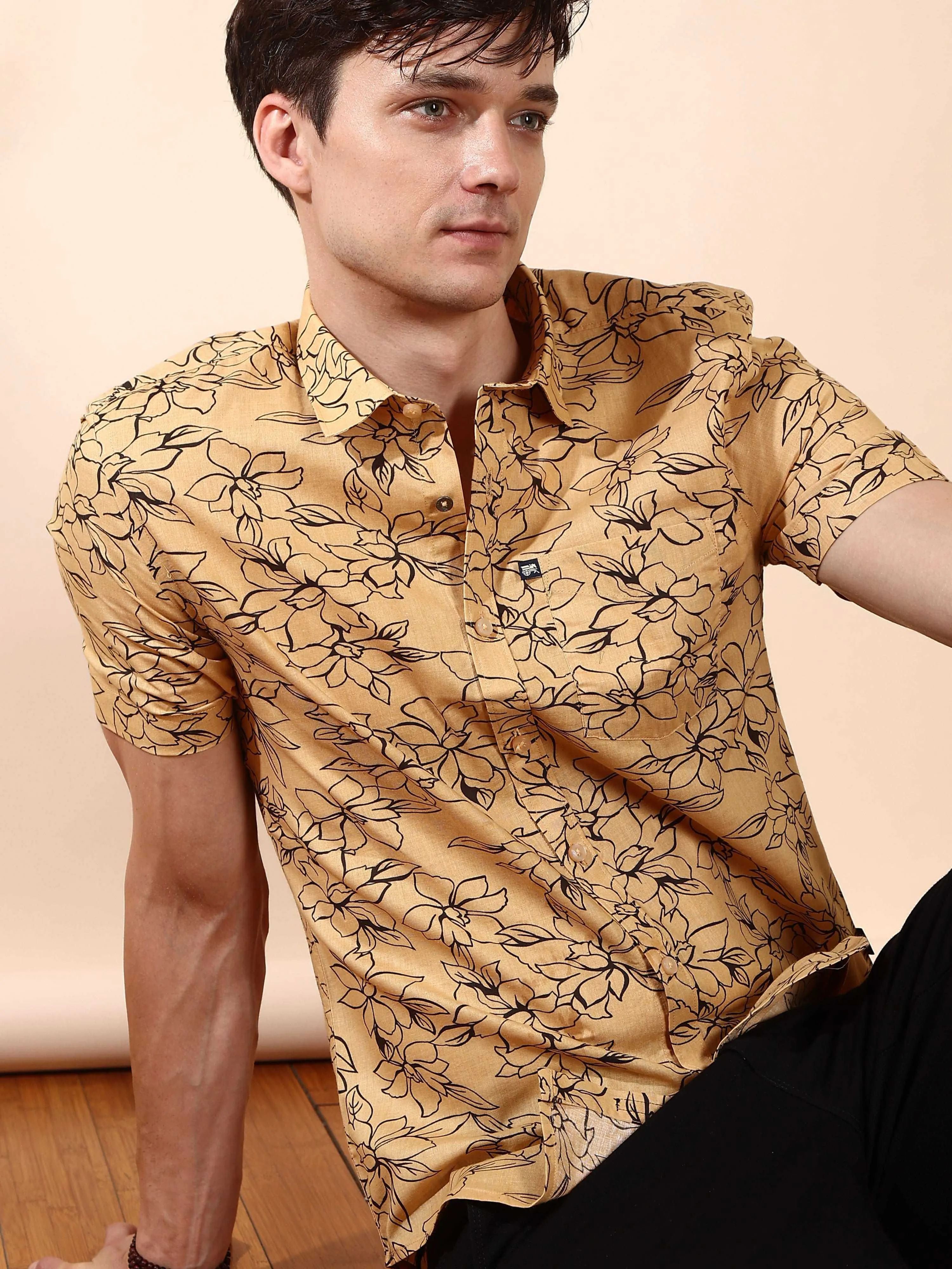 Beige casual floral AOP half sleeve shirt