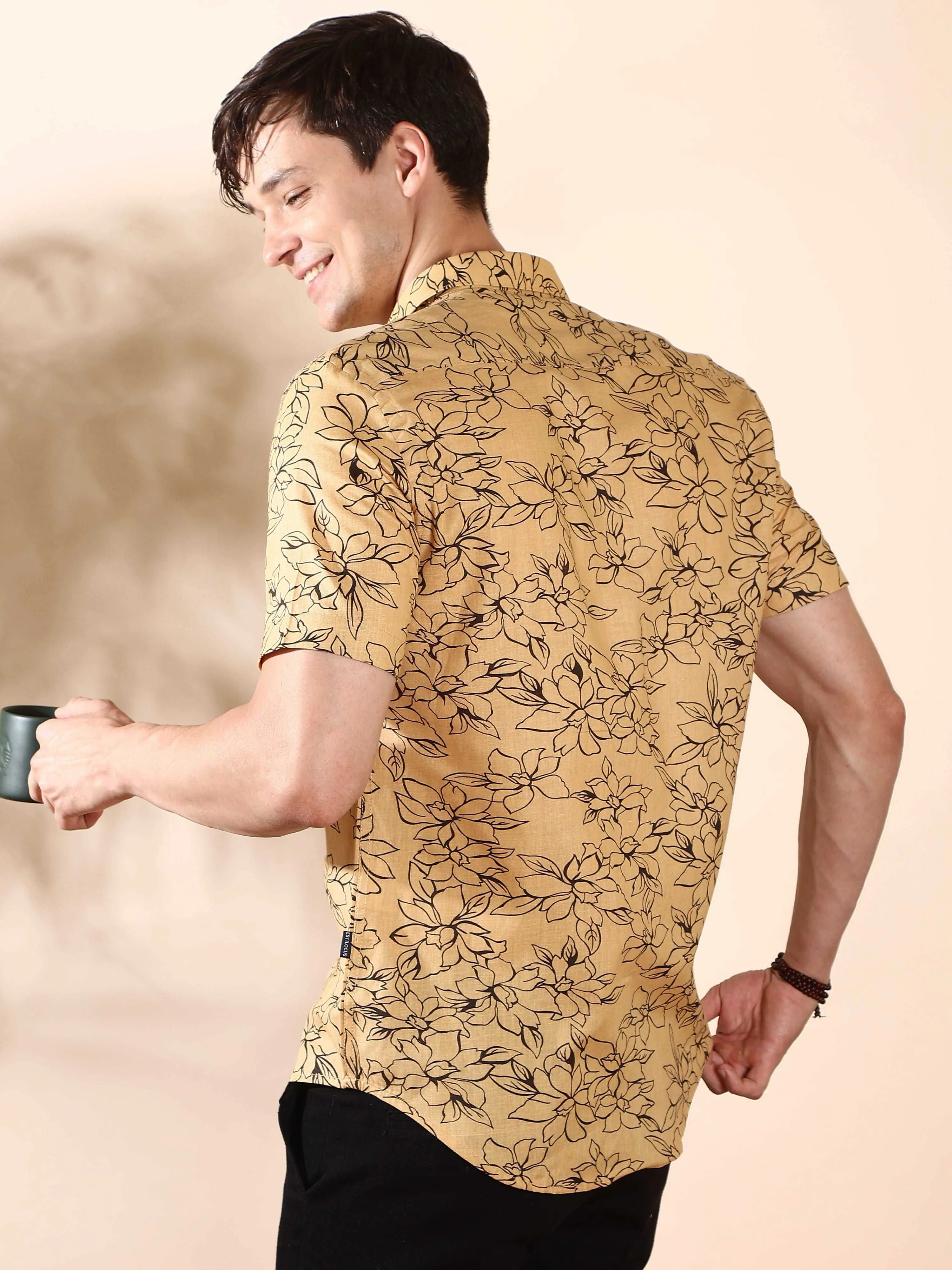 Beige casual floral AOP half sleeve shirt