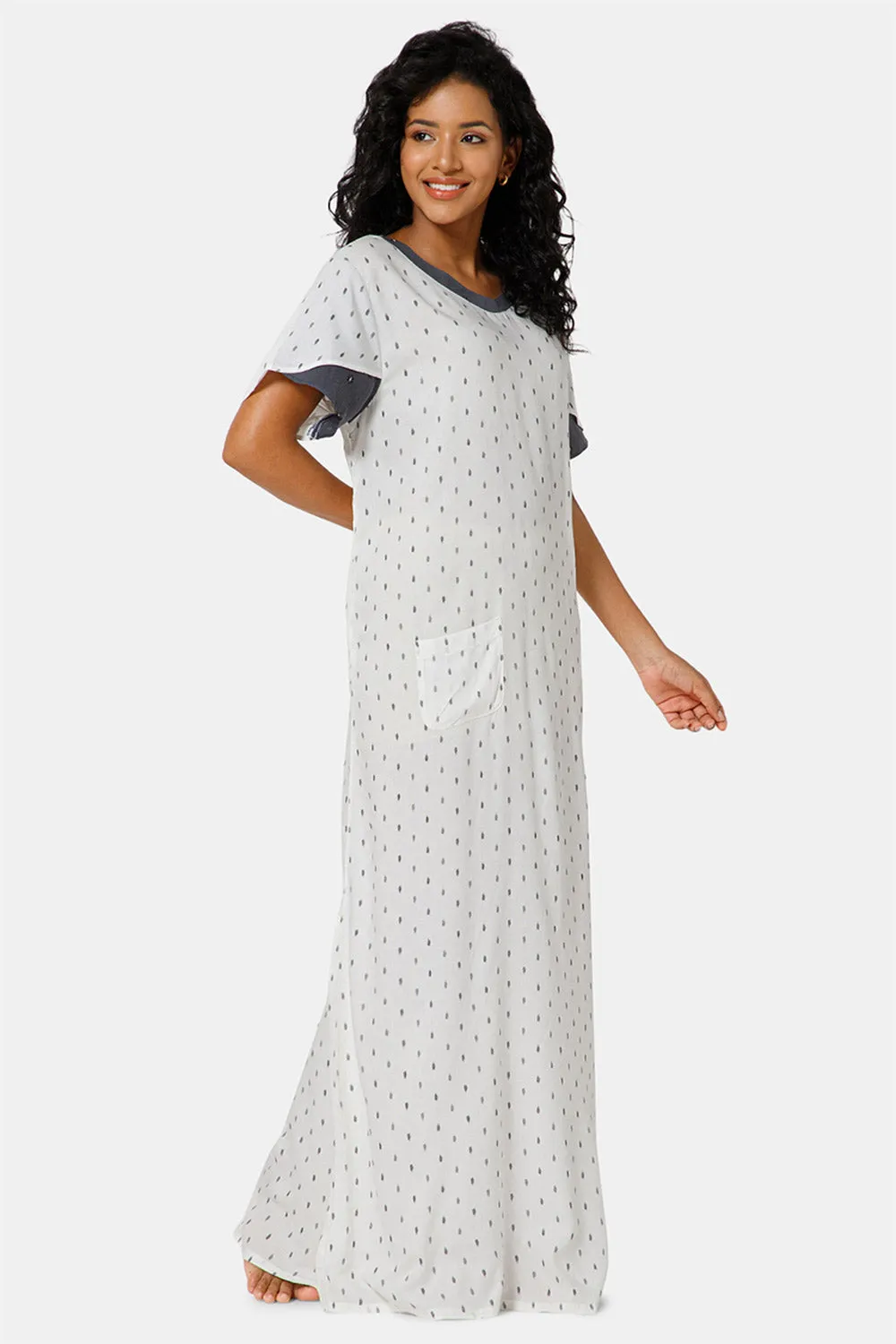 Naidu Hall  V Neck Ruffle Sleeve Printed Nighty-White - NT45