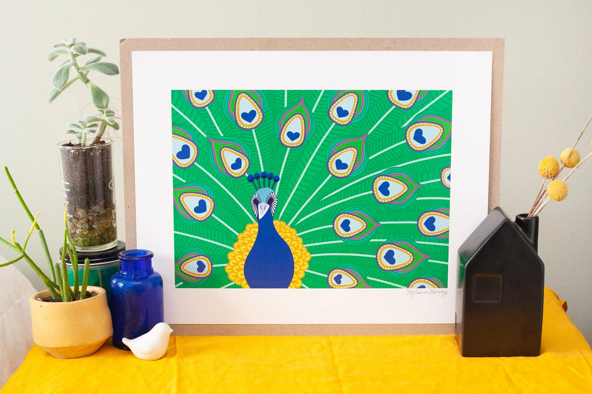 peacock art print, stylized peacock feather art