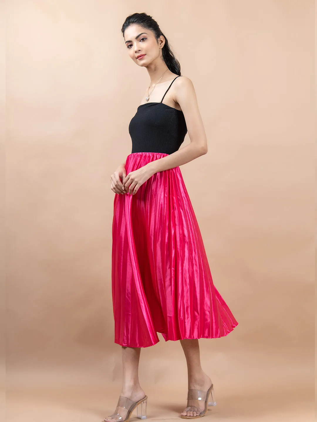 Pink  Flared Skirt with Accordion Pleats