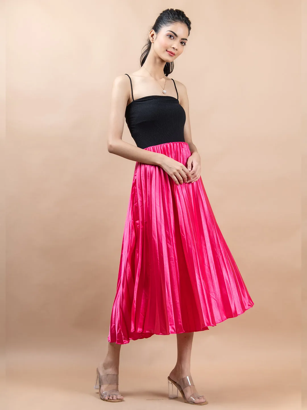 Pink  Flared Skirt with Accordion Pleats