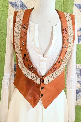 SOLD Vintage 60s Char Handmade Painted Leather & Lace Vest S