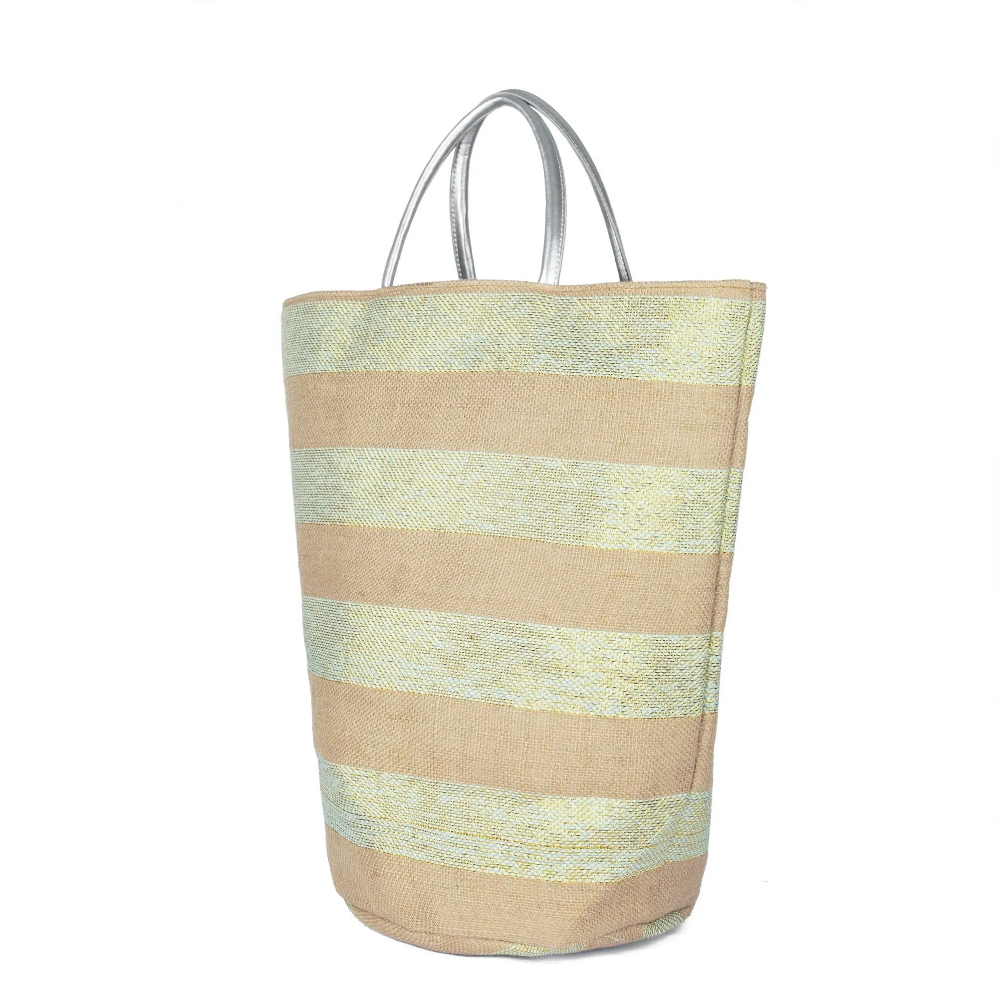 Striped Tote With Metallic Silver Leather Handles